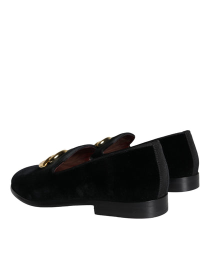 Dolce & Gabbana Black Velvet Cotton Logo Loafers Dress Shoes