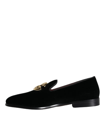 Dolce & Gabbana Black Velvet Cotton Logo Loafers Dress Shoes