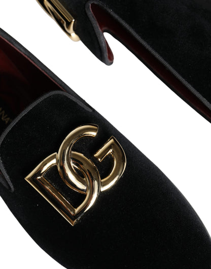 Dolce & Gabbana Black Velvet Cotton Logo Loafers Dress Shoes