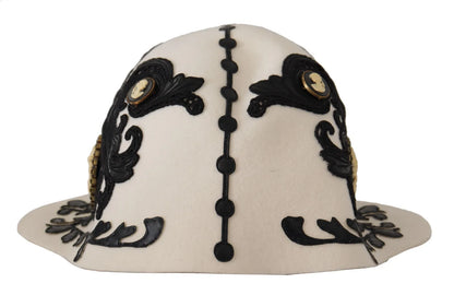 Dolce & Gabbana White Black Wool Embroidered Cameo Brooch Hat