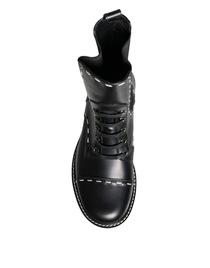 Dolce & Gabbana Black Leather Combat Mid Calf Boots Shoes