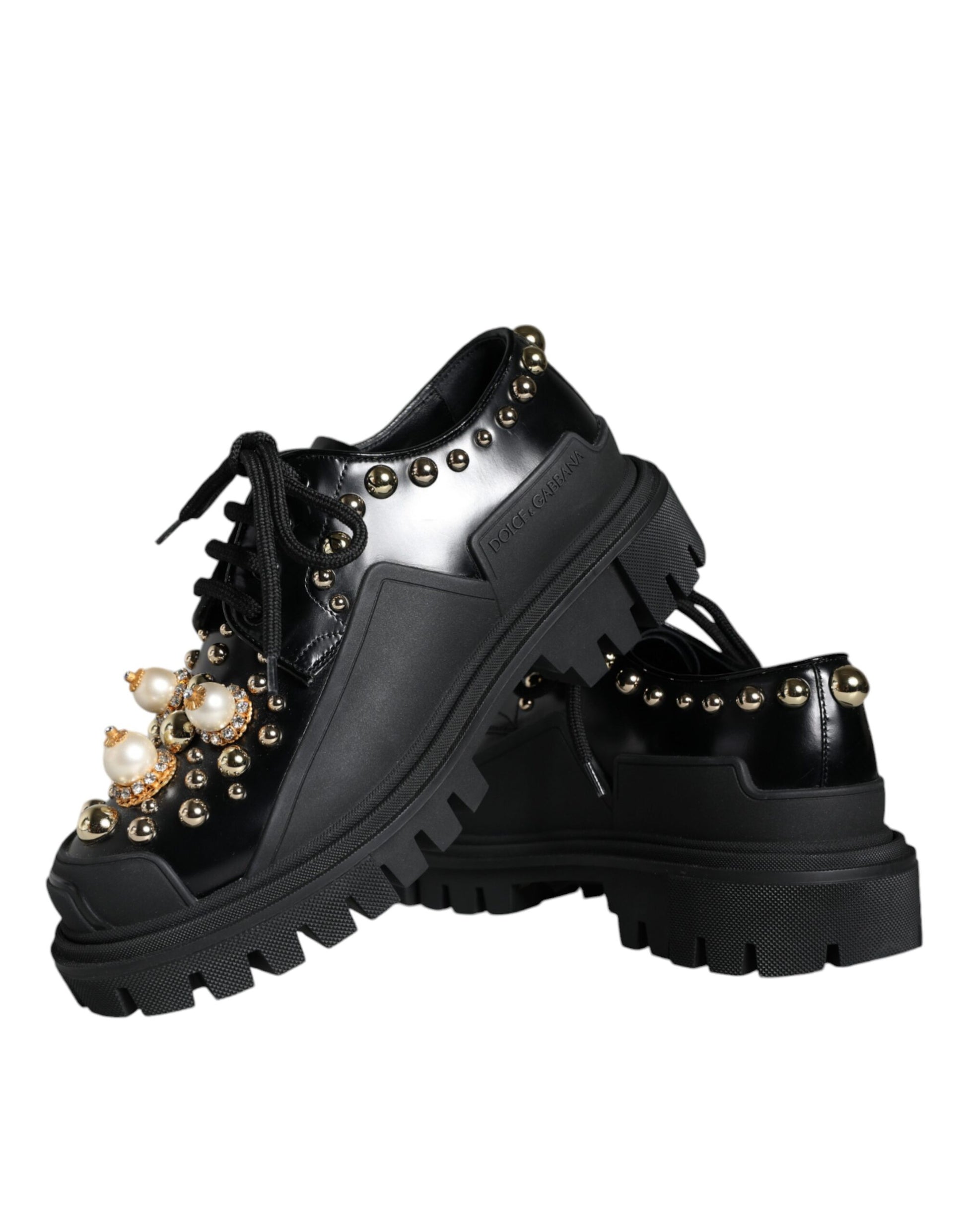 Dolce & Gabbana Black Leather Trekking Derby Embellished Shoes