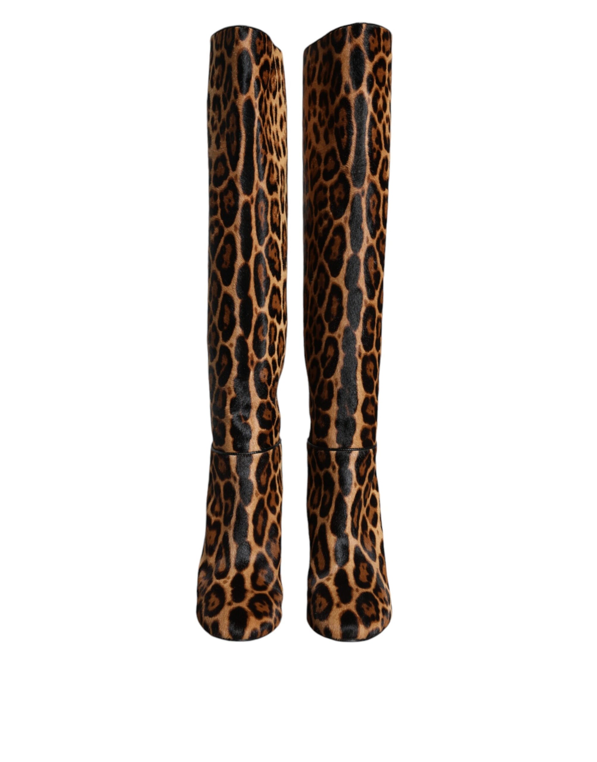 Dolce & Gabbana Beige Black Leopard Knee High Boots Shoes