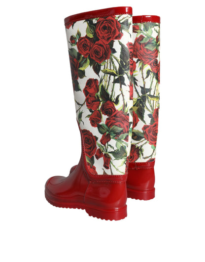 Dolce & Gabbana Red Floral Rubber Knee High Flat Boots Shoes