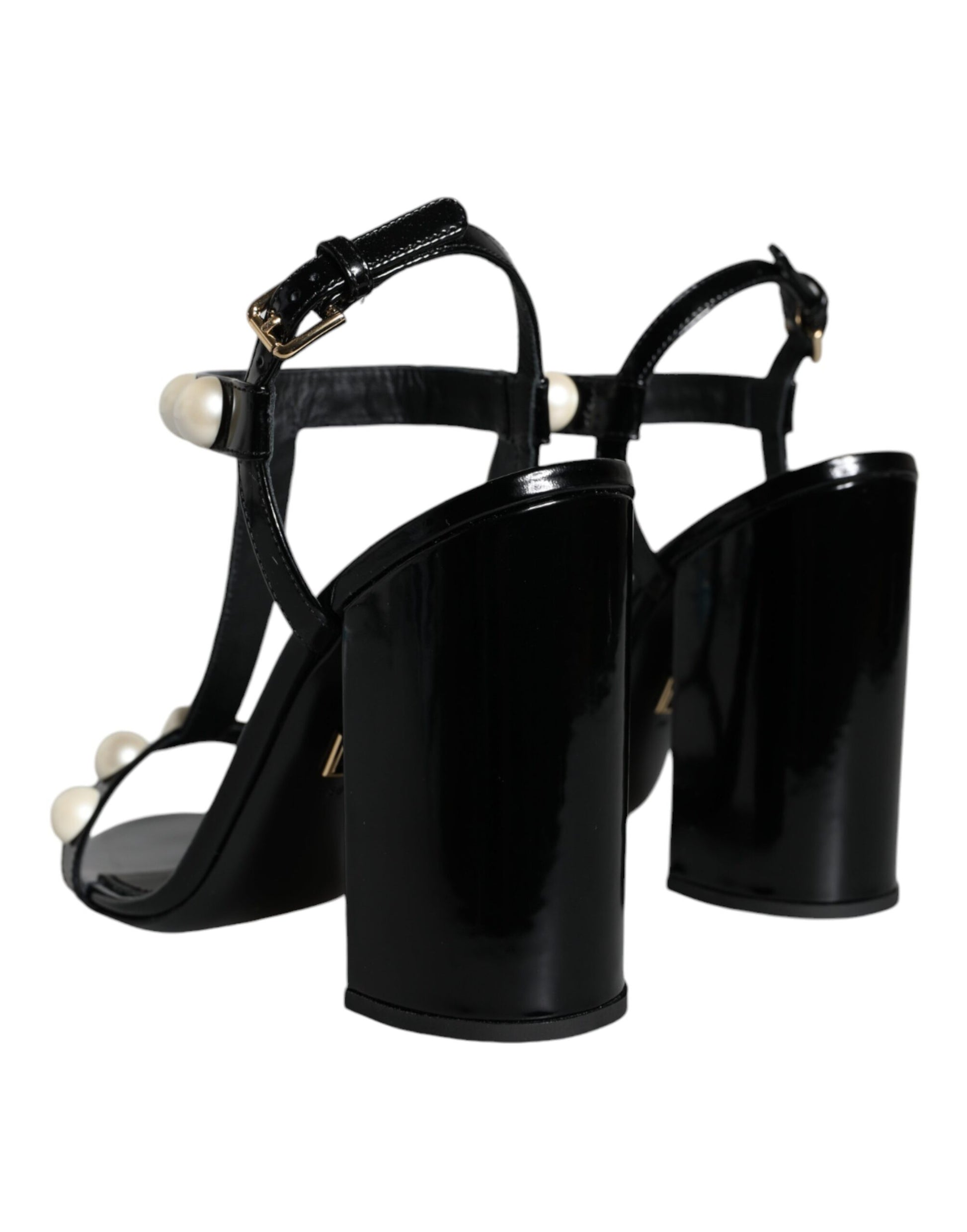 Dolce & Gabbana Black Leather Pearls T-strap Sandals Shoes