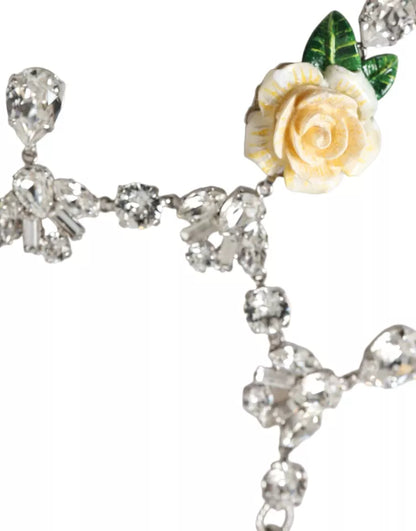 Dolce & Gabbana Silver Brass Clear Crystal Roses Pendants Necklace