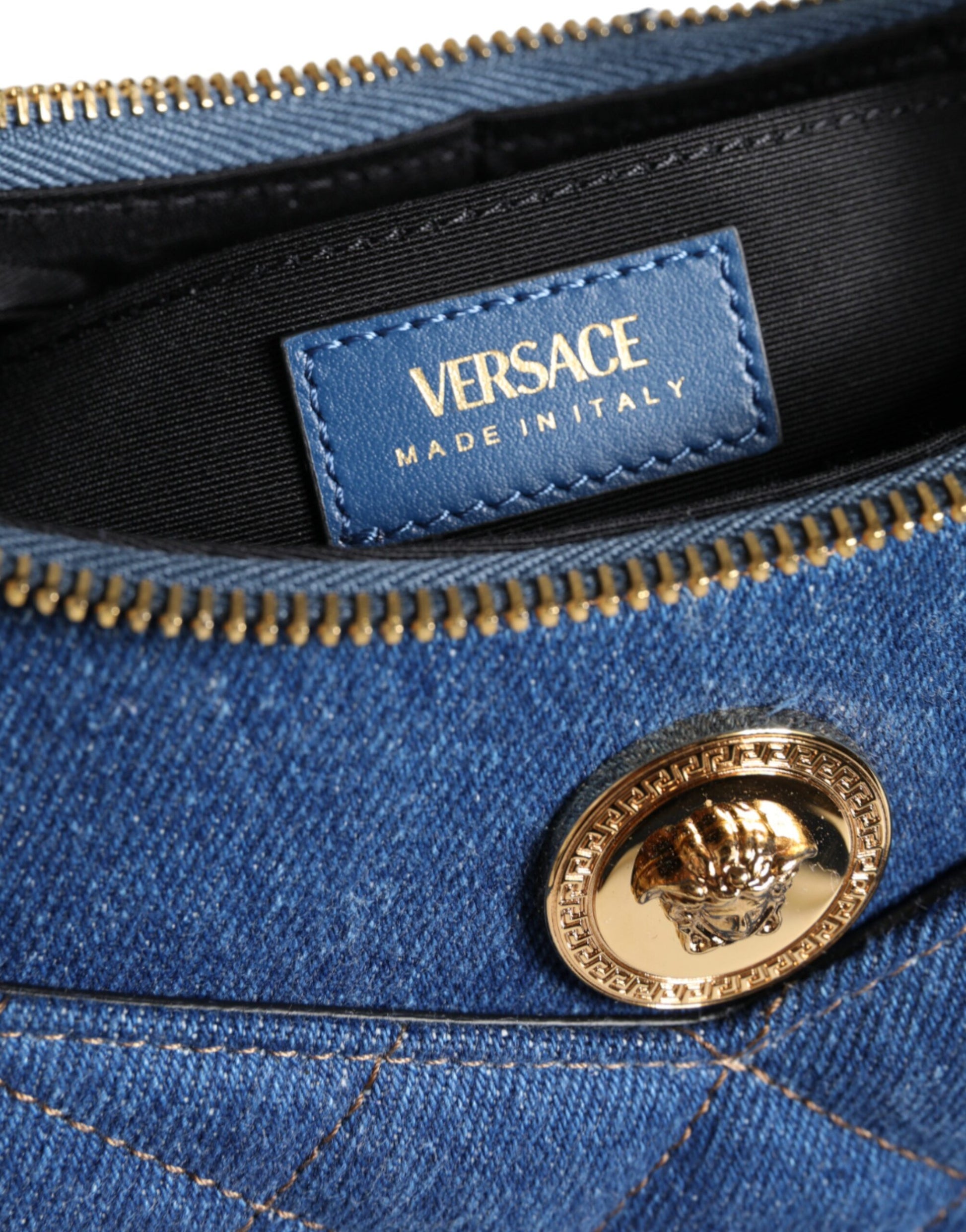 Versace Blue Quilted Denim Leather Top Handle Shoulder Bag