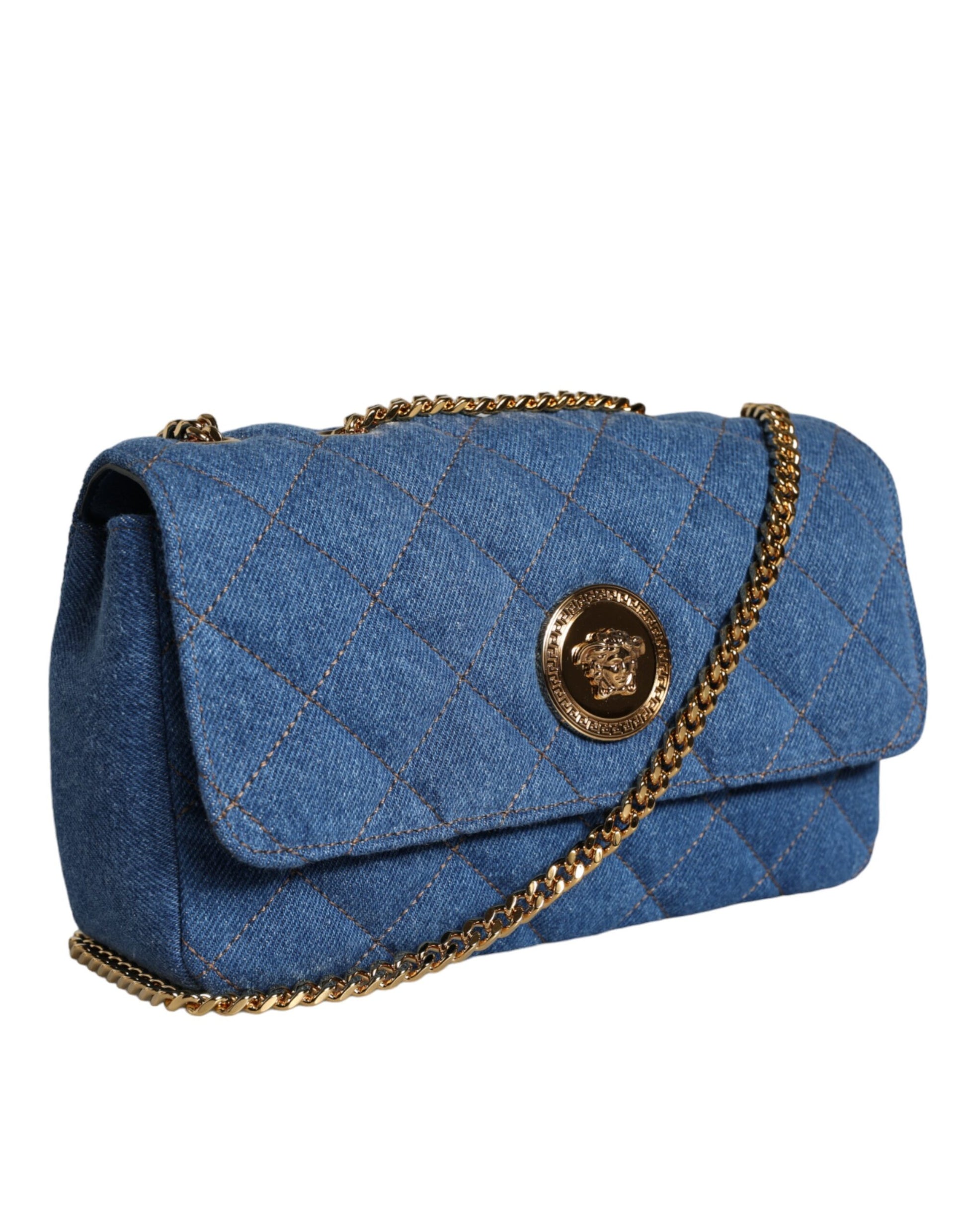 Versace Blue Quilted Denim Leather Crossbody Shoulder Bag