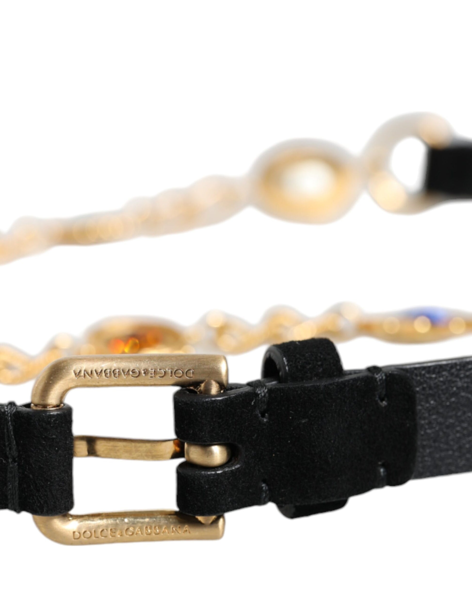 Dolce & Gabbana Black Leather Gold Brass Crystal Chain Waist Belt