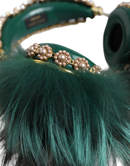 Dolce & Gabbana Green Gold Crystal Fur Headset Audio AUX Headphones