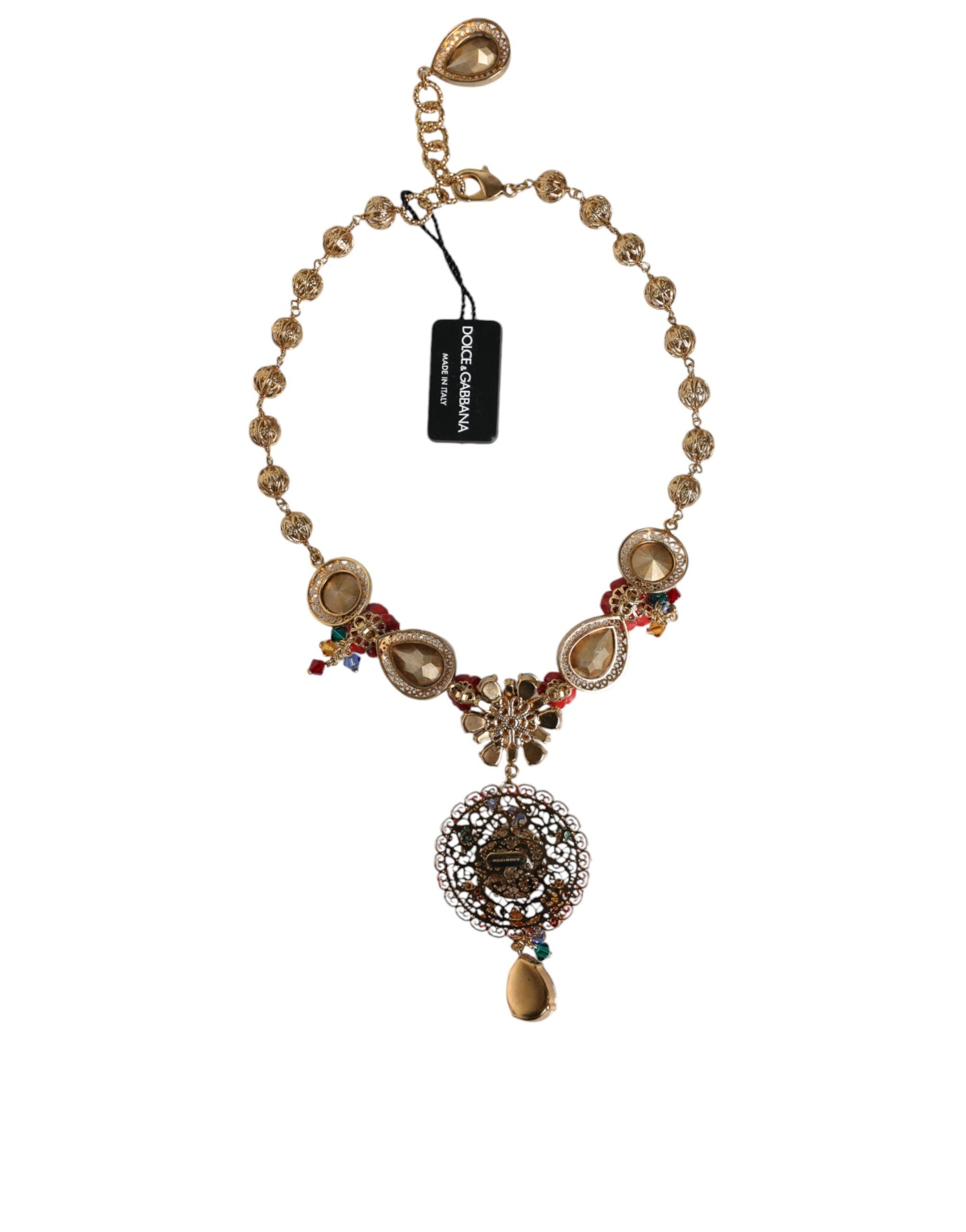 Dolce & Gabbana Gold Tone Brass Embellished Ball Chain Statement Necklace