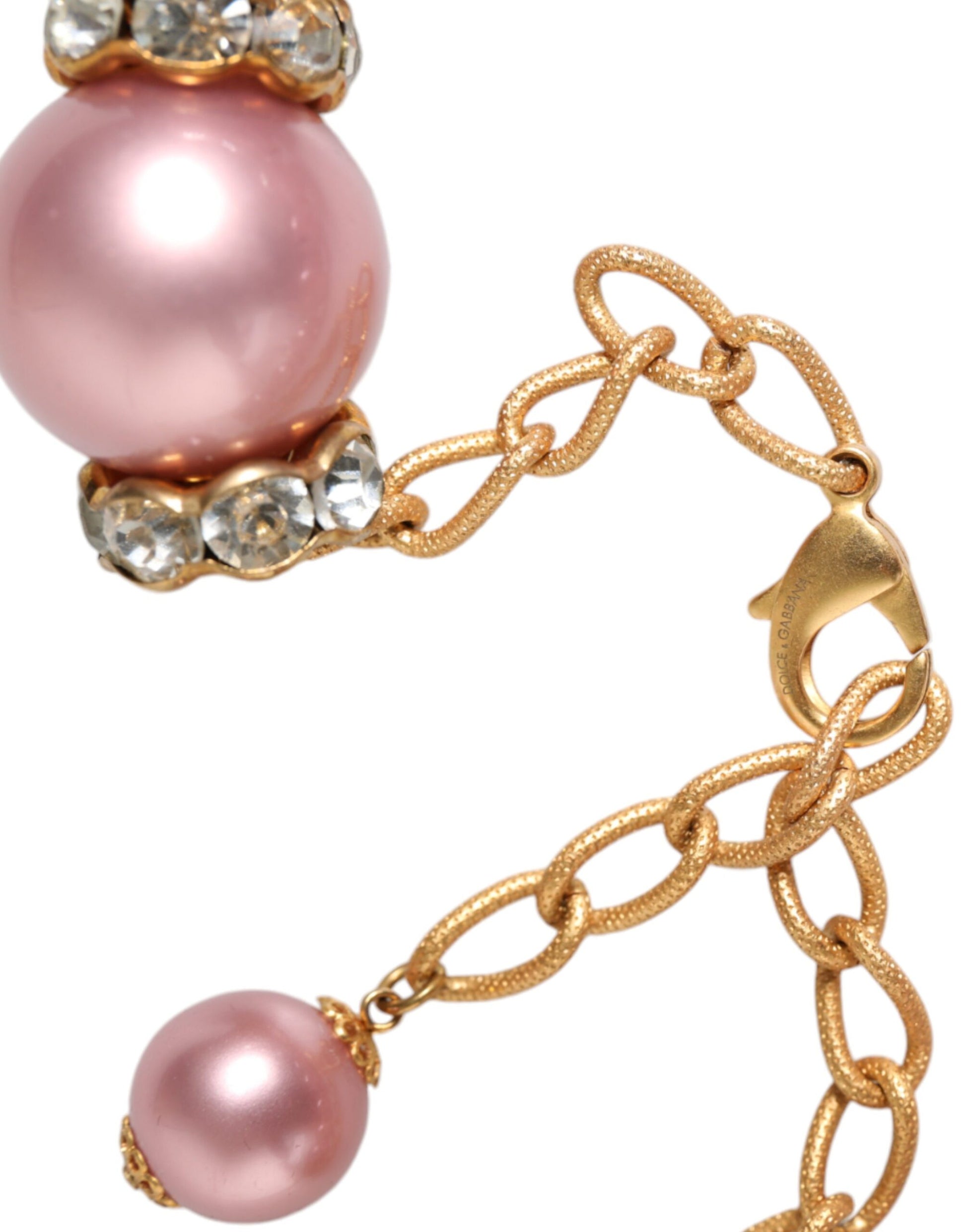 Dolce & Gabbana Pink Maxi Faux Pearl Beads Crystals Gold Chain Necklace