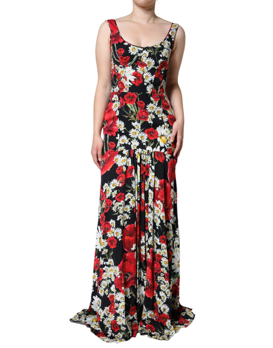 Dolce & Gabbana Black Floral Silk Sleeveless Long Gown Dress