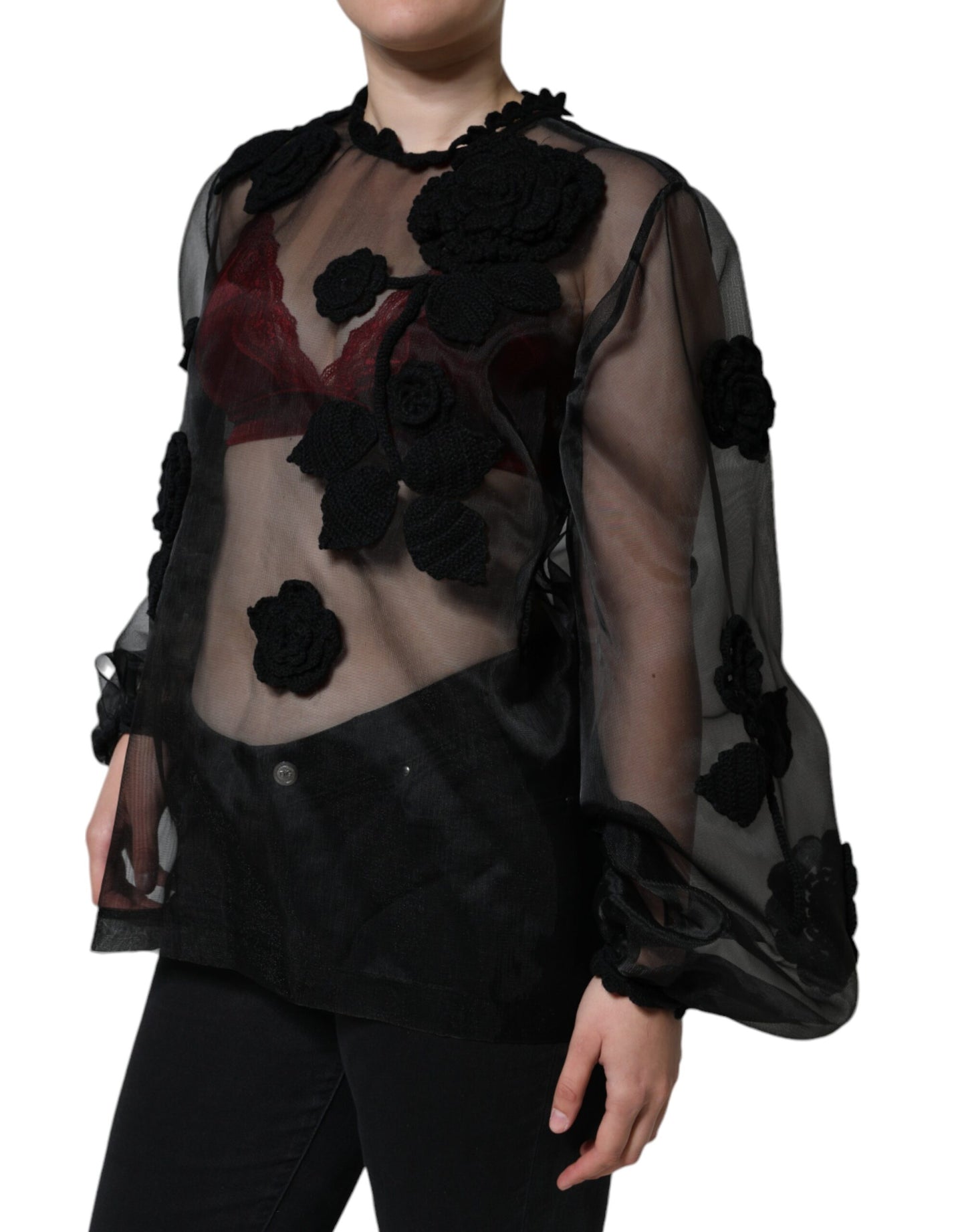 Dolce & Gabbana Black Nylon Mesh Transparent Floral Blouse