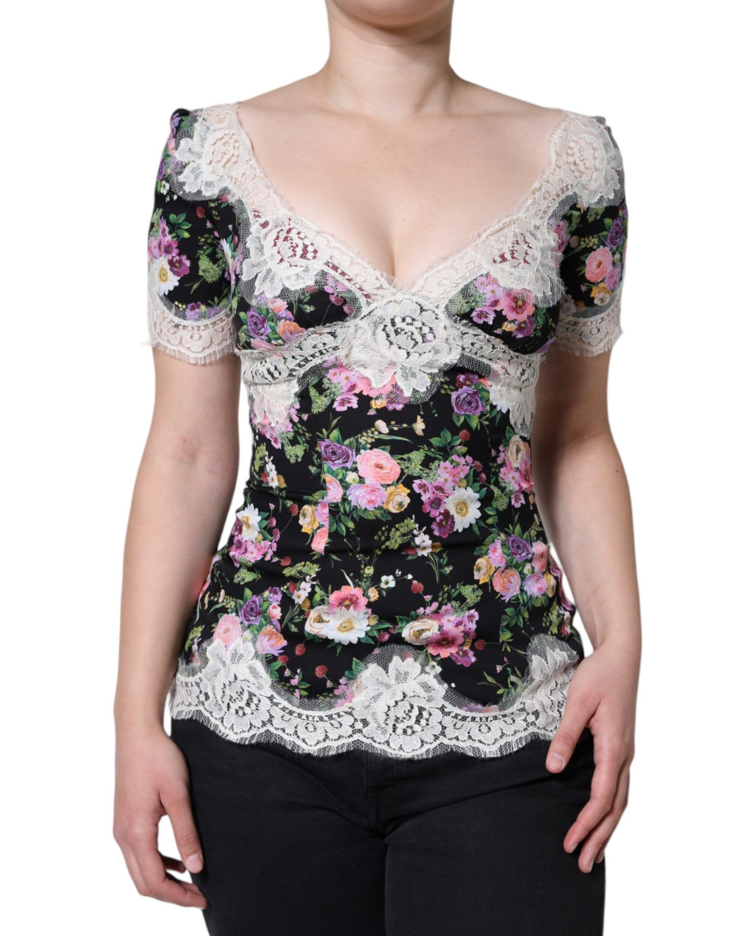 Dolce & Gabbana Black Floral Lace Short Sleeves Blouse Top