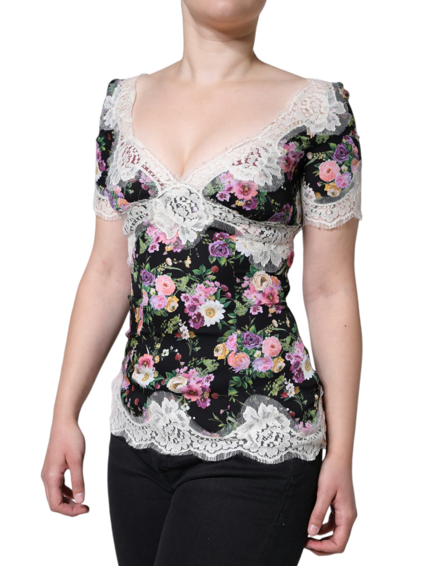 Dolce & Gabbana Black Floral Lace Short Sleeves Blouse Top