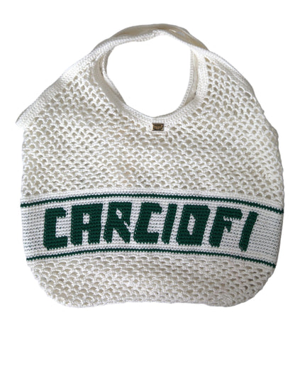 Dolce & Gabbana White Green Knitted Cotton Logo Shopping Tote Bag