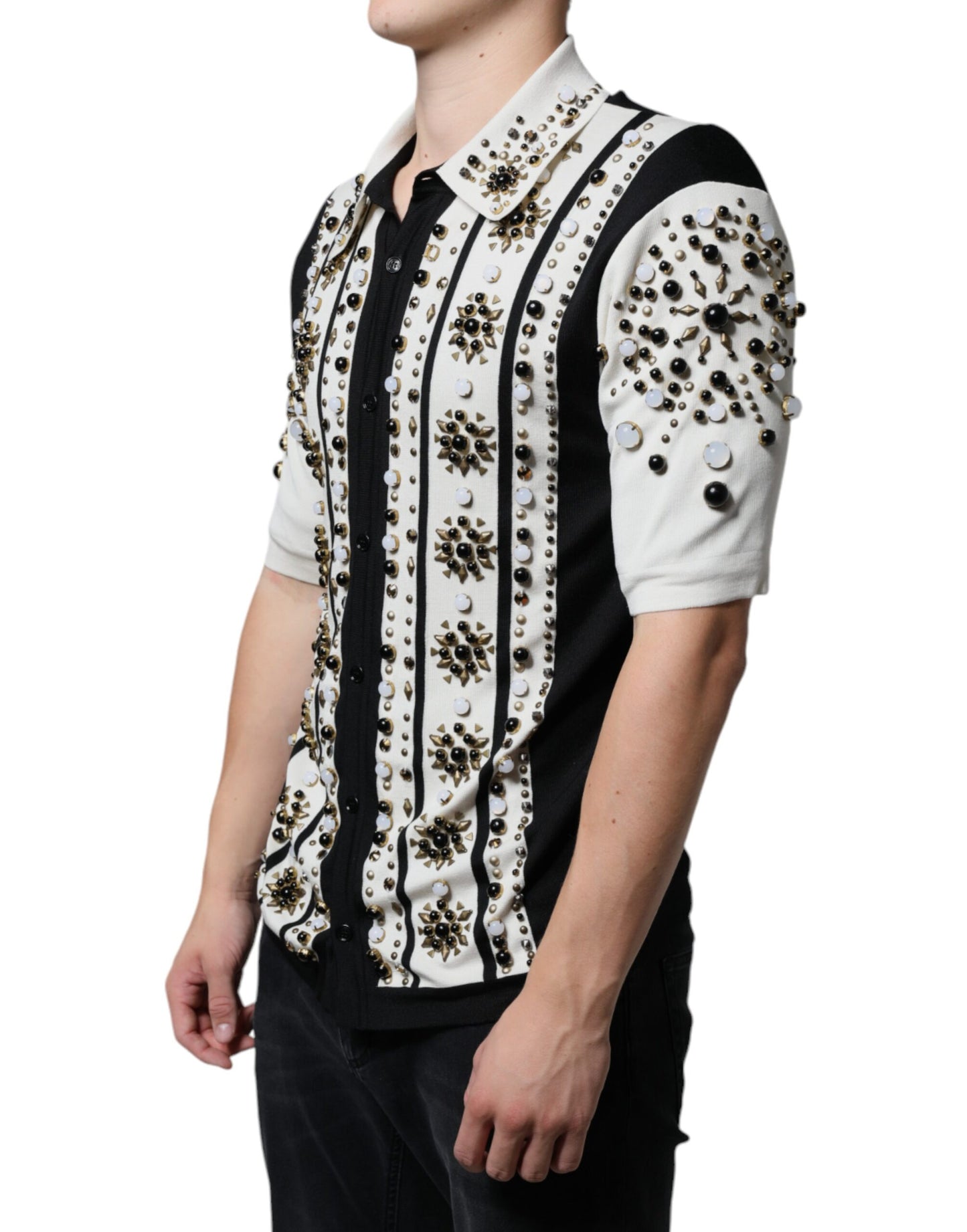 Dolce & Gabbana White Black Silk Studded Stone Crystal Shirt