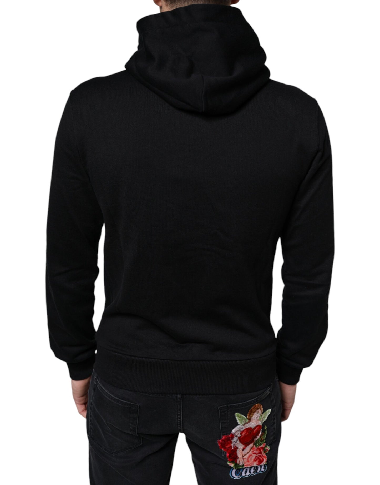 Dolce & Gabbana Black Cotton Hooded Logo Full Zip Sweater