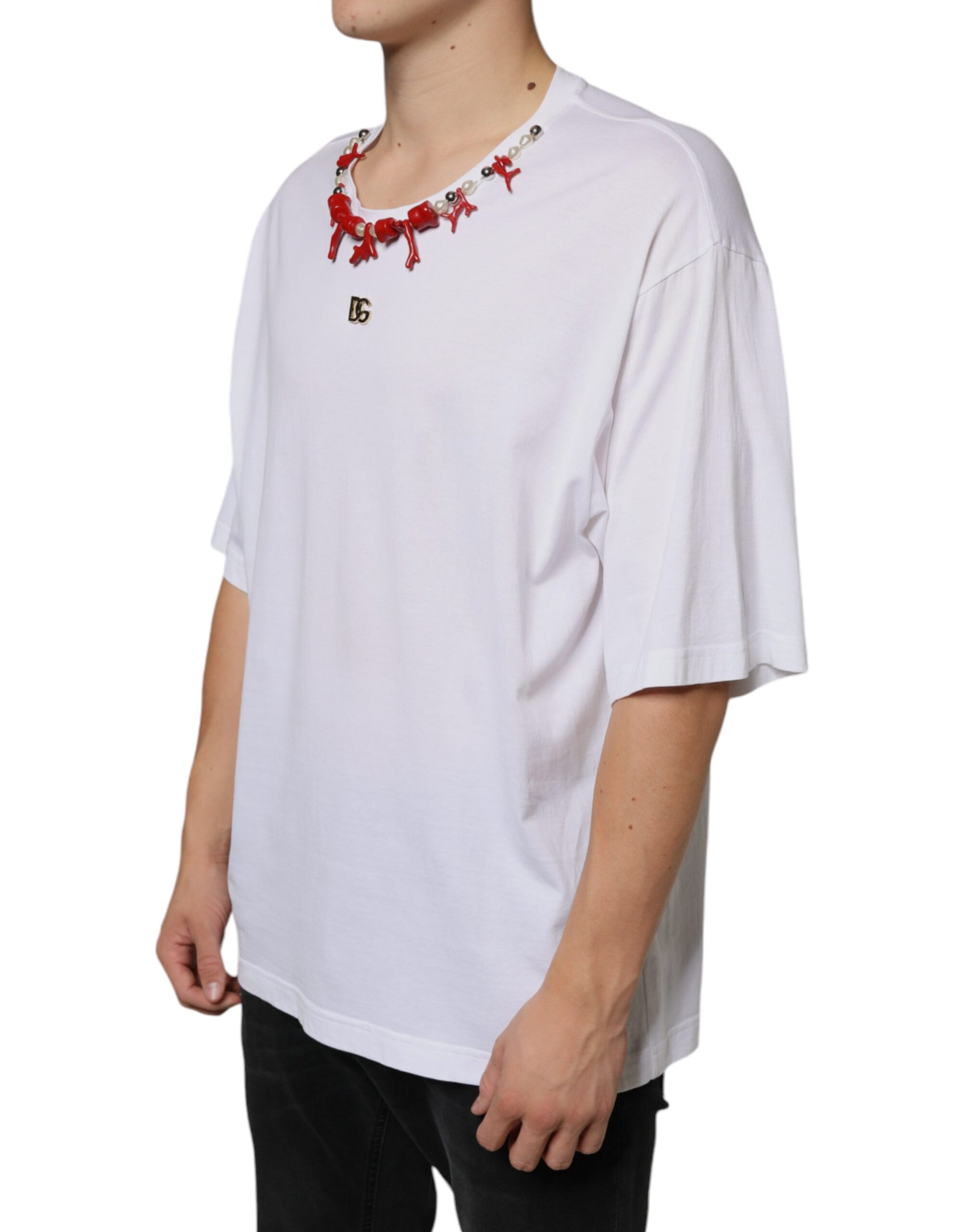 Dolce & Gabbana White Cotton Necklace Embellished T-shirt