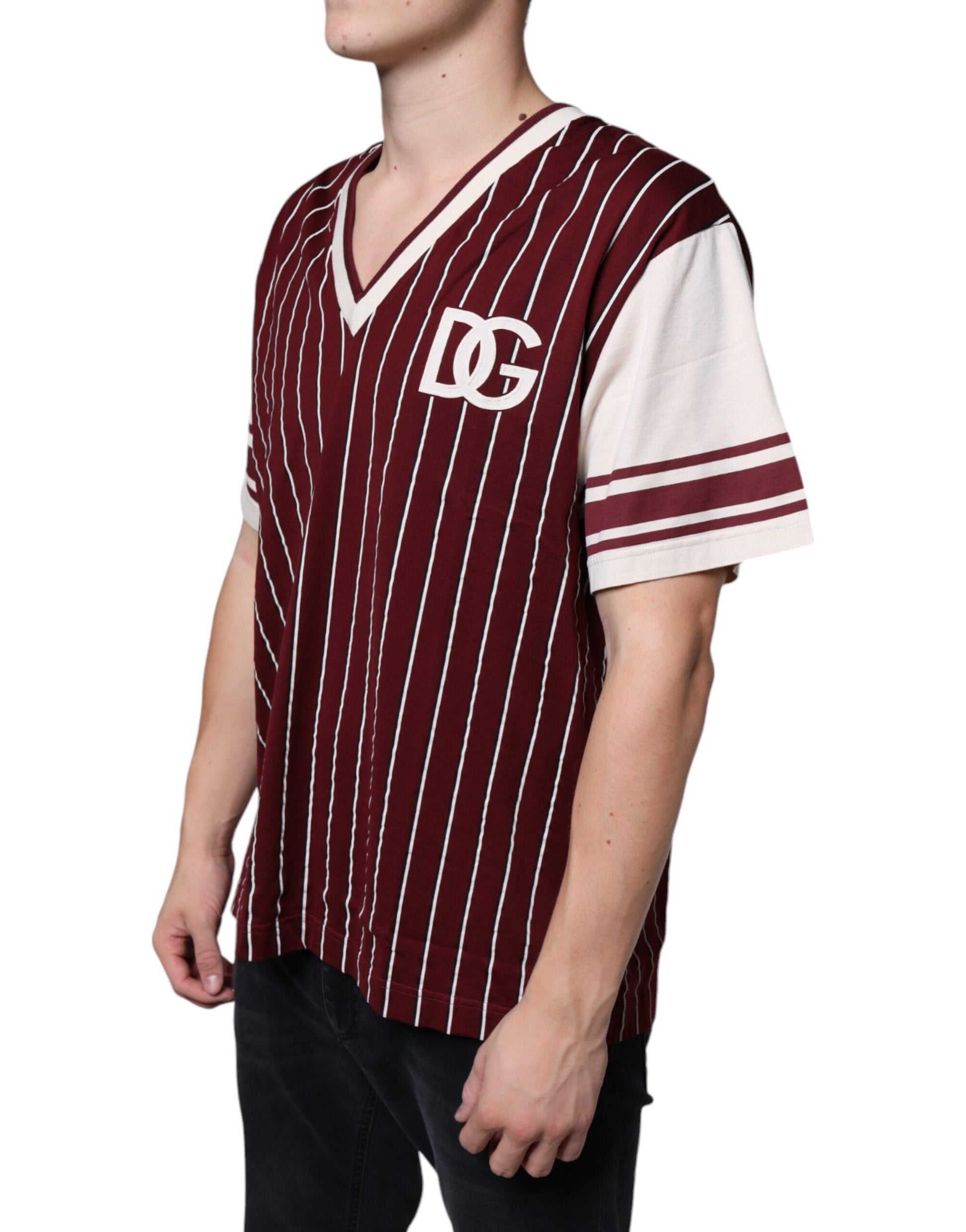 Dolce & Gabbana Maroon Stripes Cotton Logo V-neck T-shirt