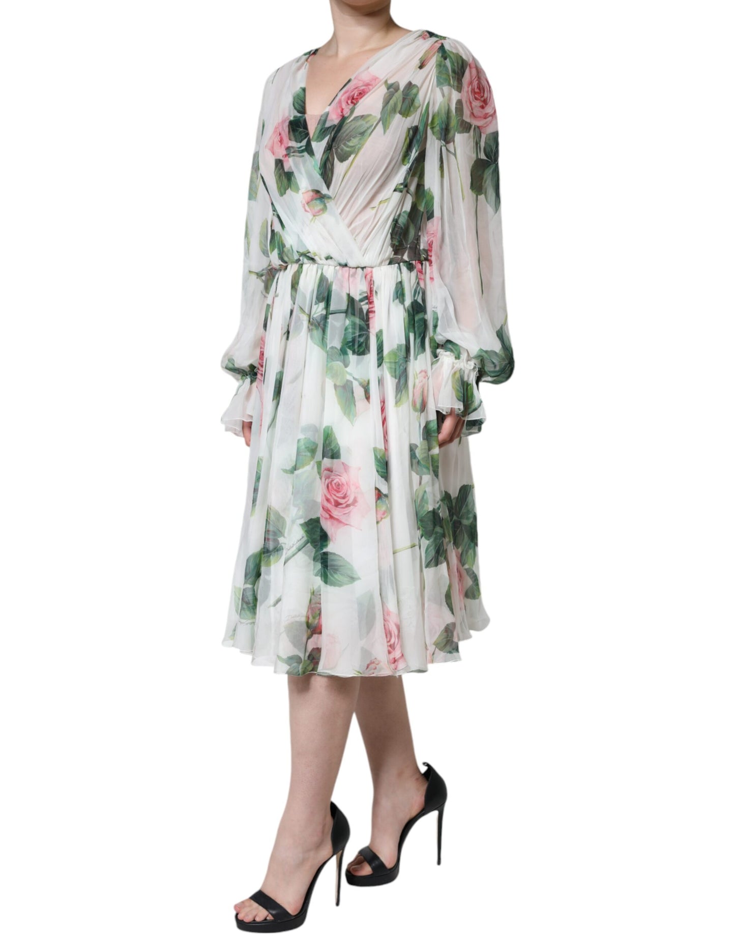 Dolce & Gabbana White Silk Floral Print A-line Midi Dress