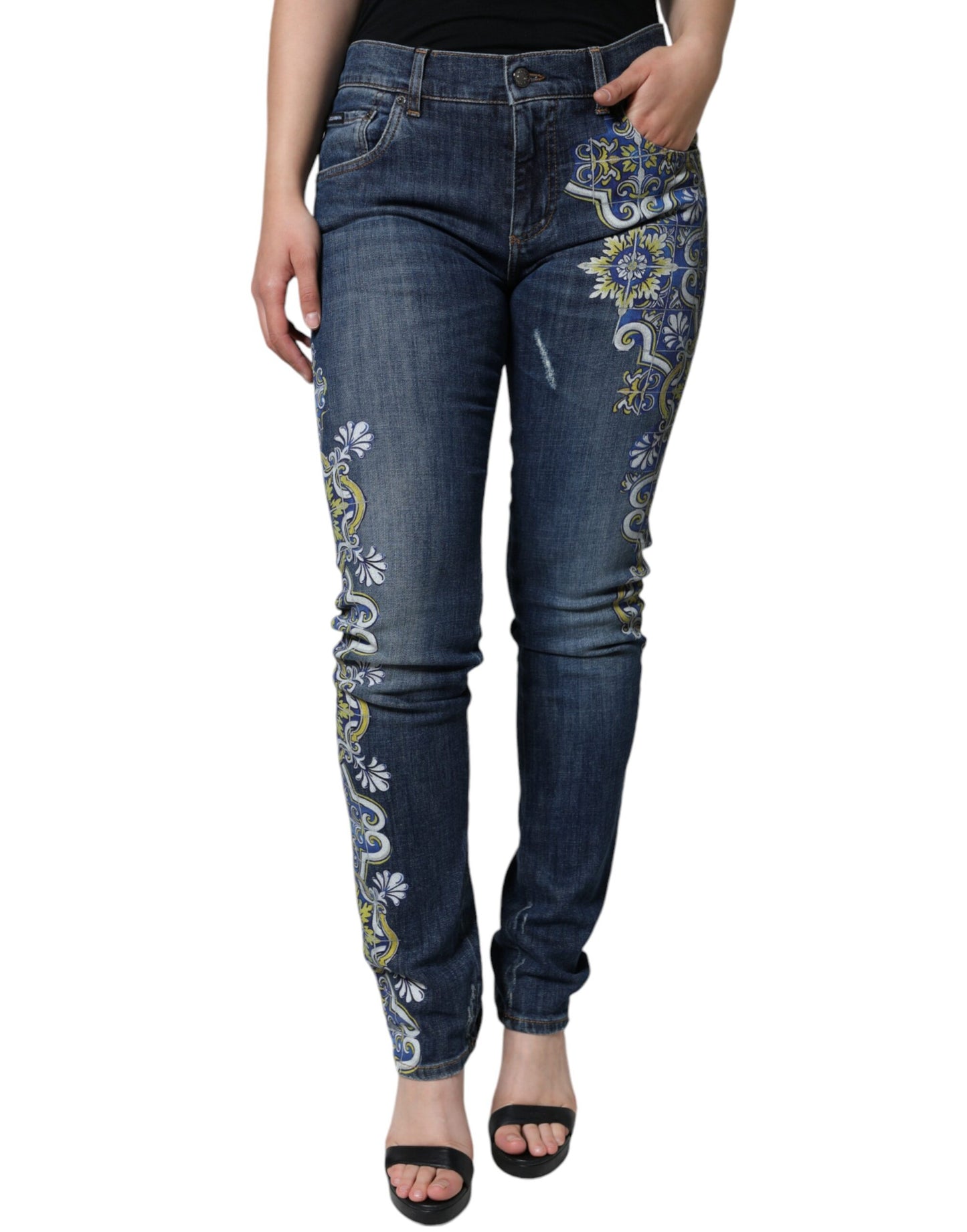 Dolce & Gabbana Blue Floral Cotton Stretch Skinny Denim Jeans