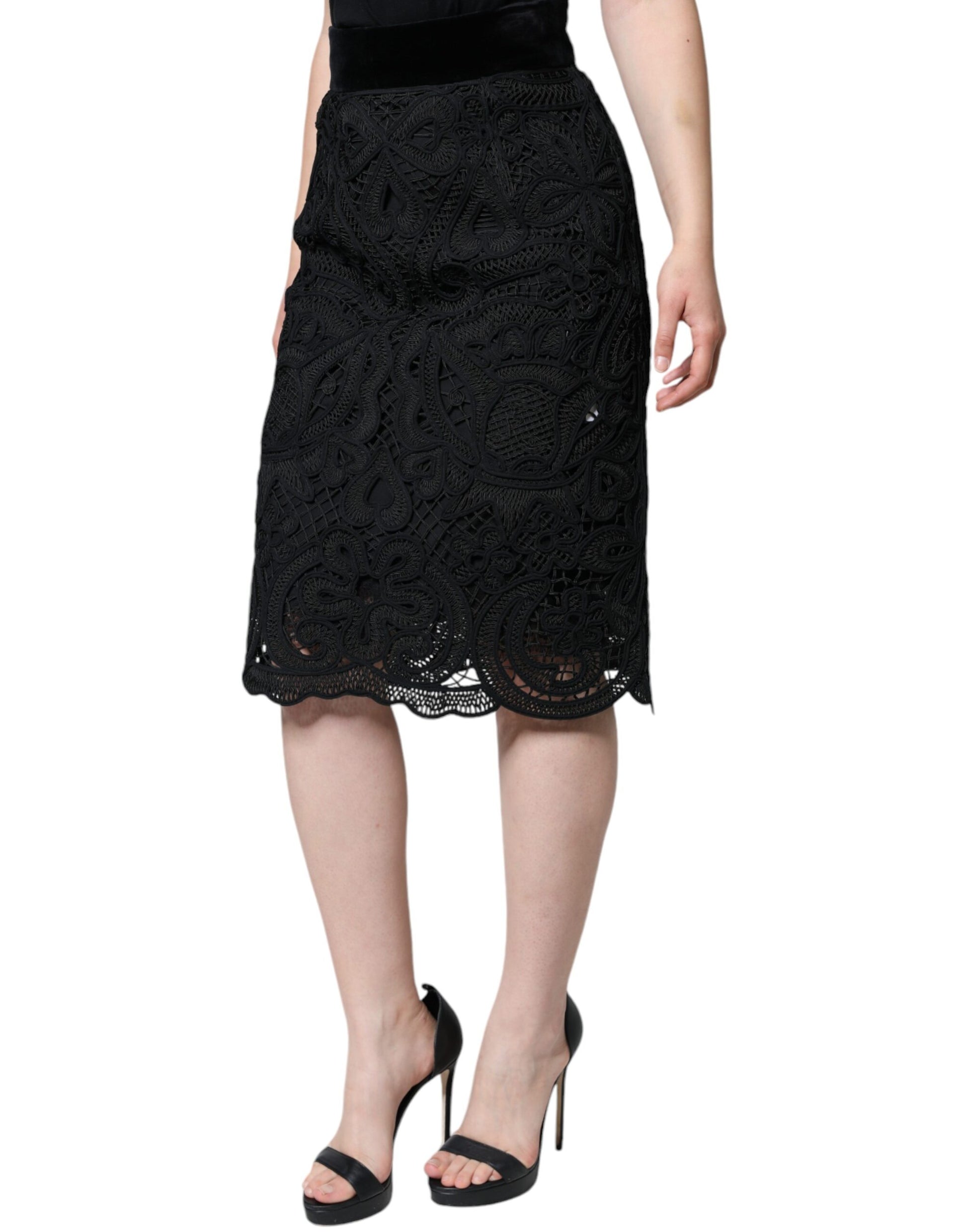 Dolce & Gabbana Black Floral Lace HighWaist Pencil Cut Skirt