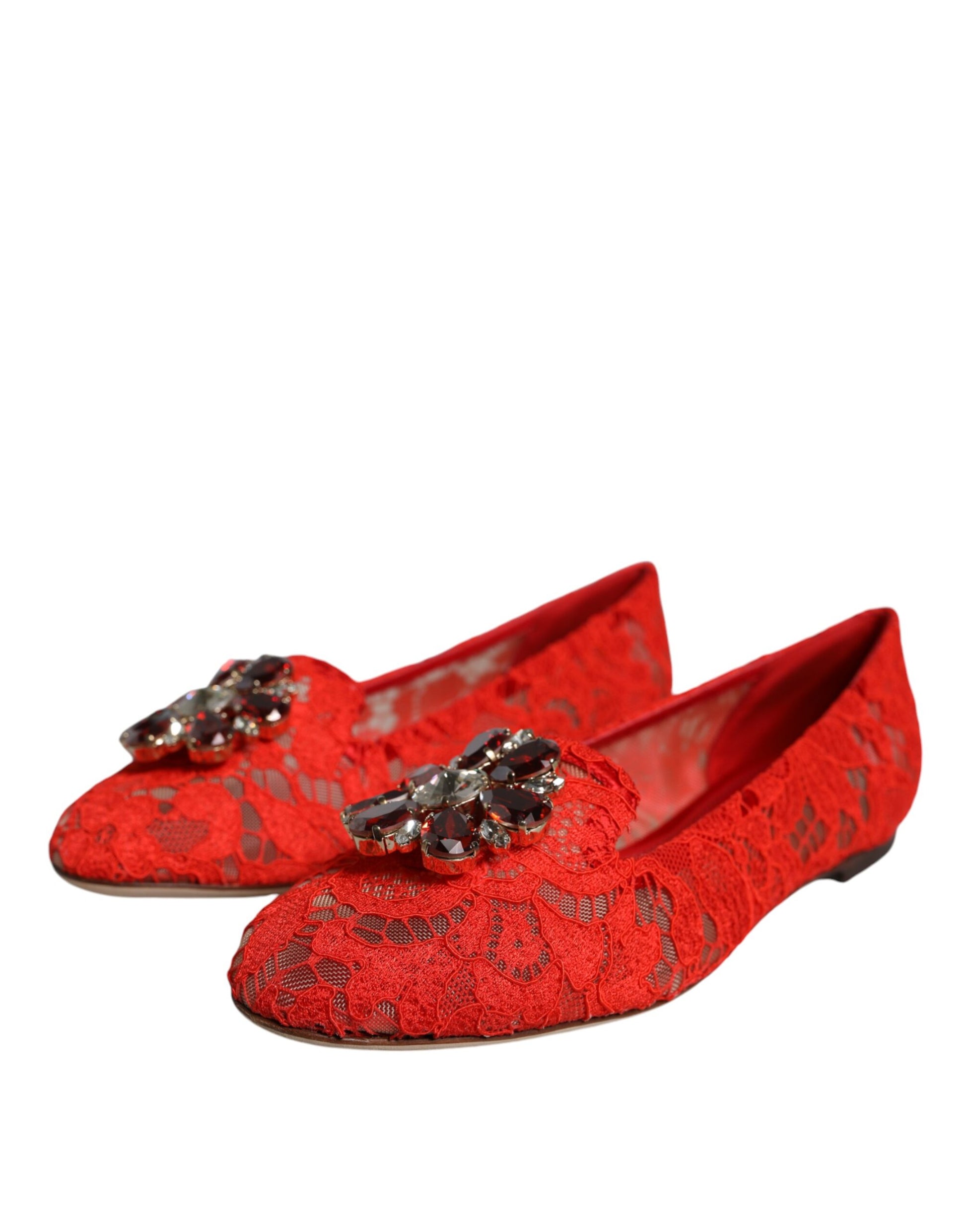 Dolce & Gabbana Red Lace Crystal Ballet Flats Loafers Shoes