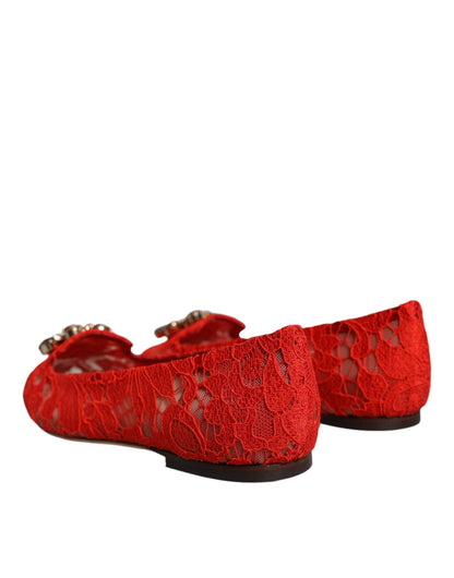 Dolce & Gabbana Red Lace Crystal Ballet Flats Loafers Shoes