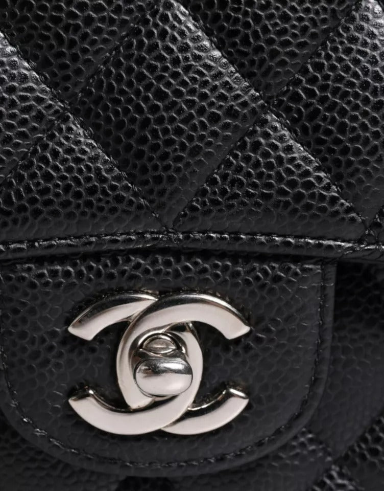 Chanel Black Caviar Medium Classic Double Flap Shoulder Quilted Silver Bag