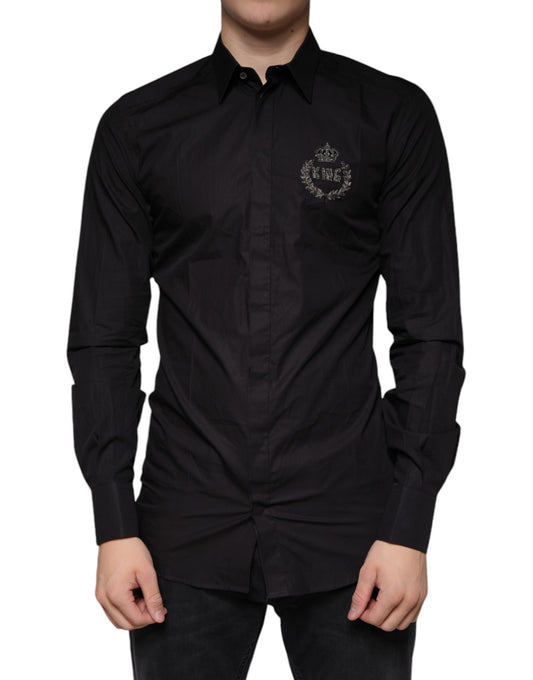 Dolce & Gabbana Black King Crown Embroidered GOLD Dress Shirt