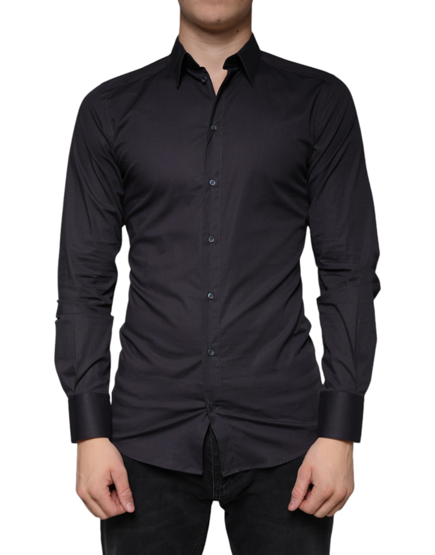 Dolce & Gabbana Black Cotton Stretch Dress GOLD Formal Shirt