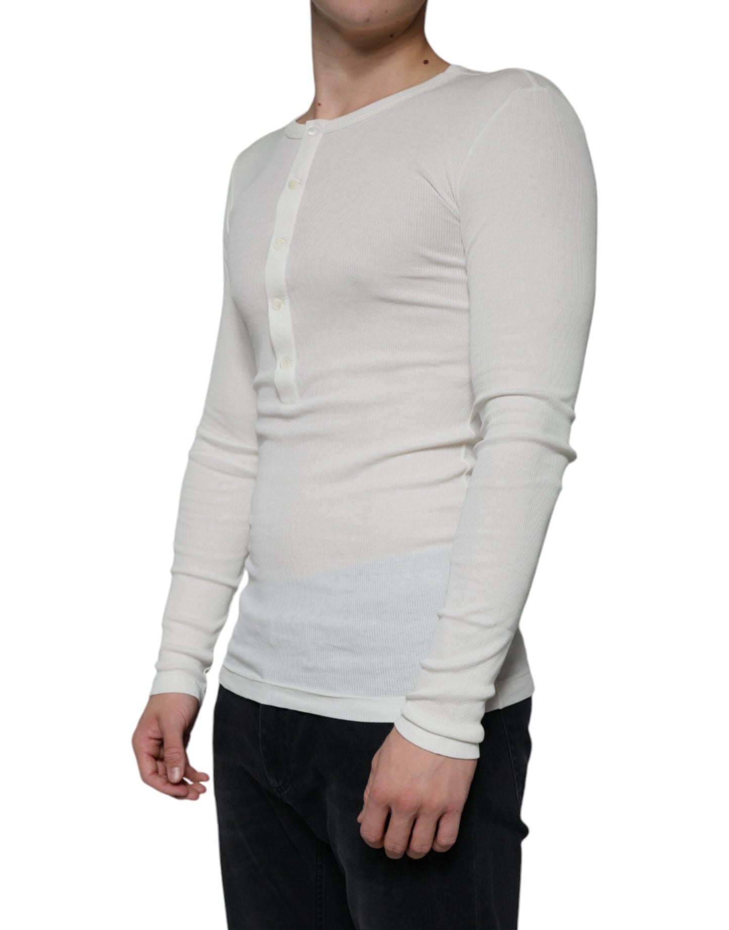 Dolce & Gabbana White Cotton Henley Crew Neck Pullover Sweater