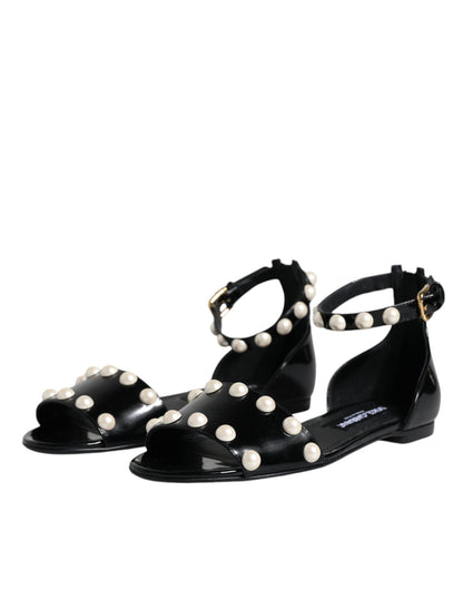 Dolce & Gabbana Black Leather Pearls Ankle Strap Sandals Shoes