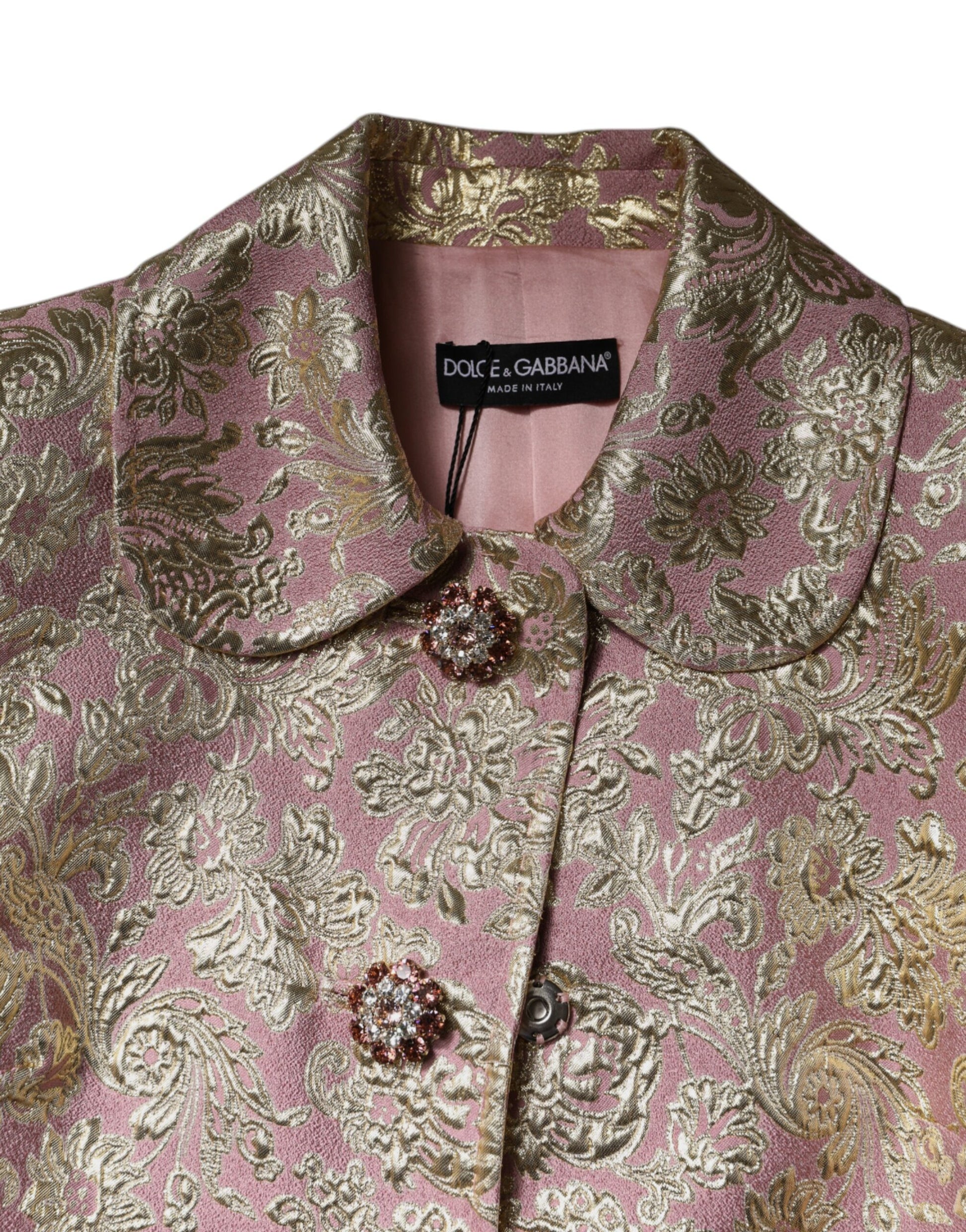 Dolce & Gabbana Metallic Pink Gold Jacquard Jewel Button Coat Jacket