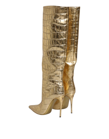 Dolce & Gabbana Gold Leather Stiletto Heels High Boots Shoes