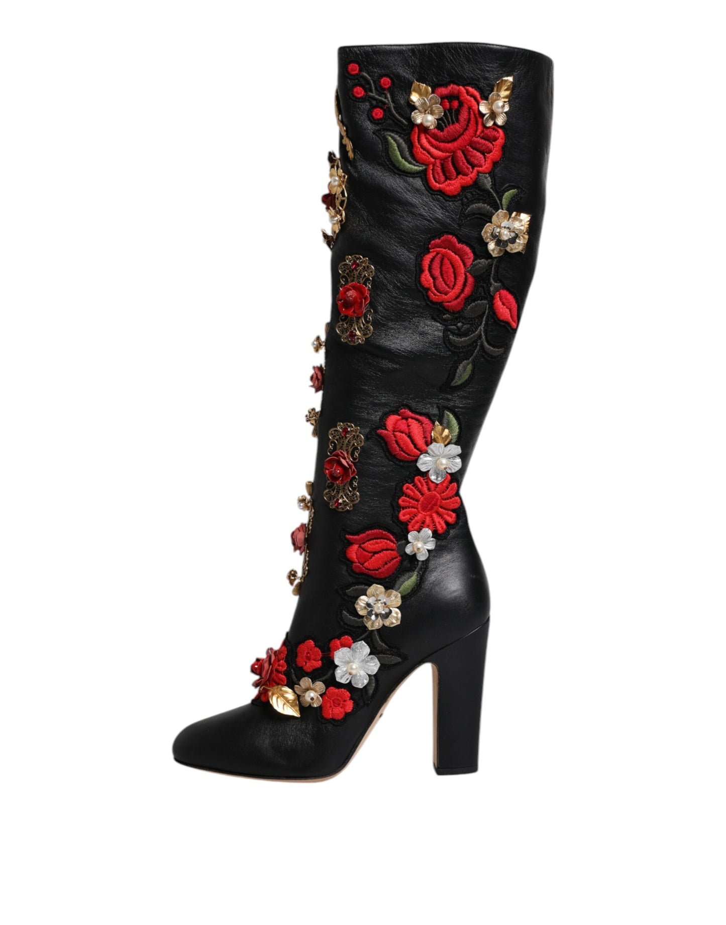 Dolce & Gabbana Black Roses Embellished Leather Heel Boots Shoes