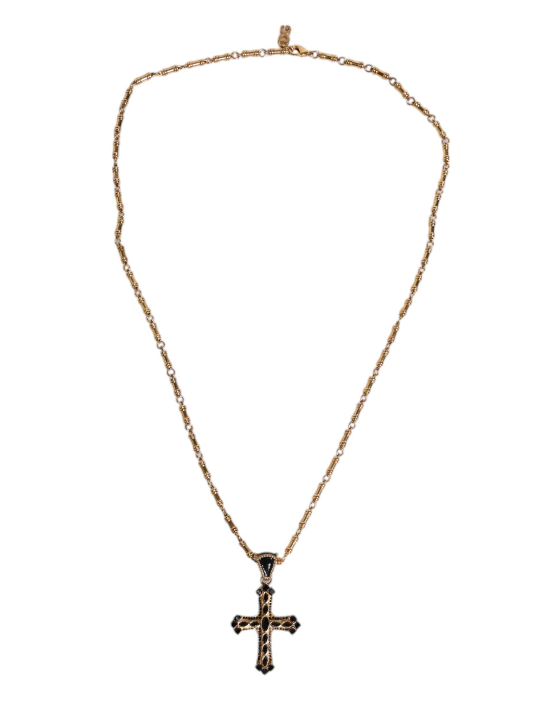 Dolce & Gabbana Gold Brass Chain Religious Crystal Cross Pendant Necklace