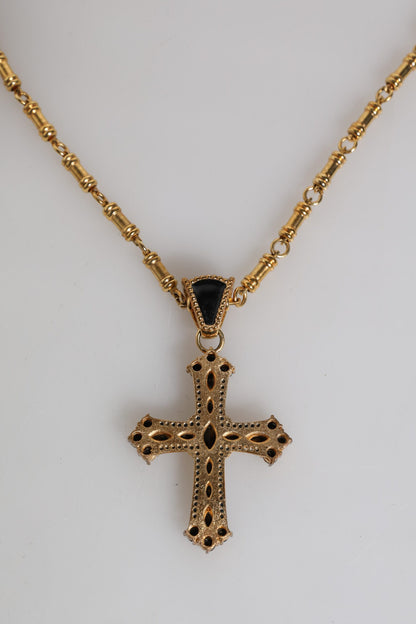 Dolce & Gabbana Gold Brass Chain Religious Crystal Cross Pendant Necklace